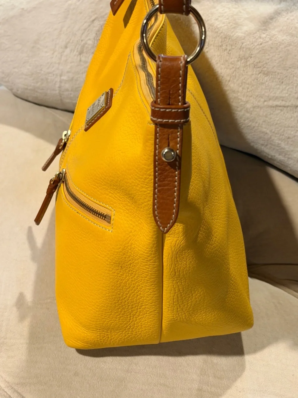Dooney & Bourke Yellow Pebble Leather Hobo Bag Brown Trim Large Shoulder